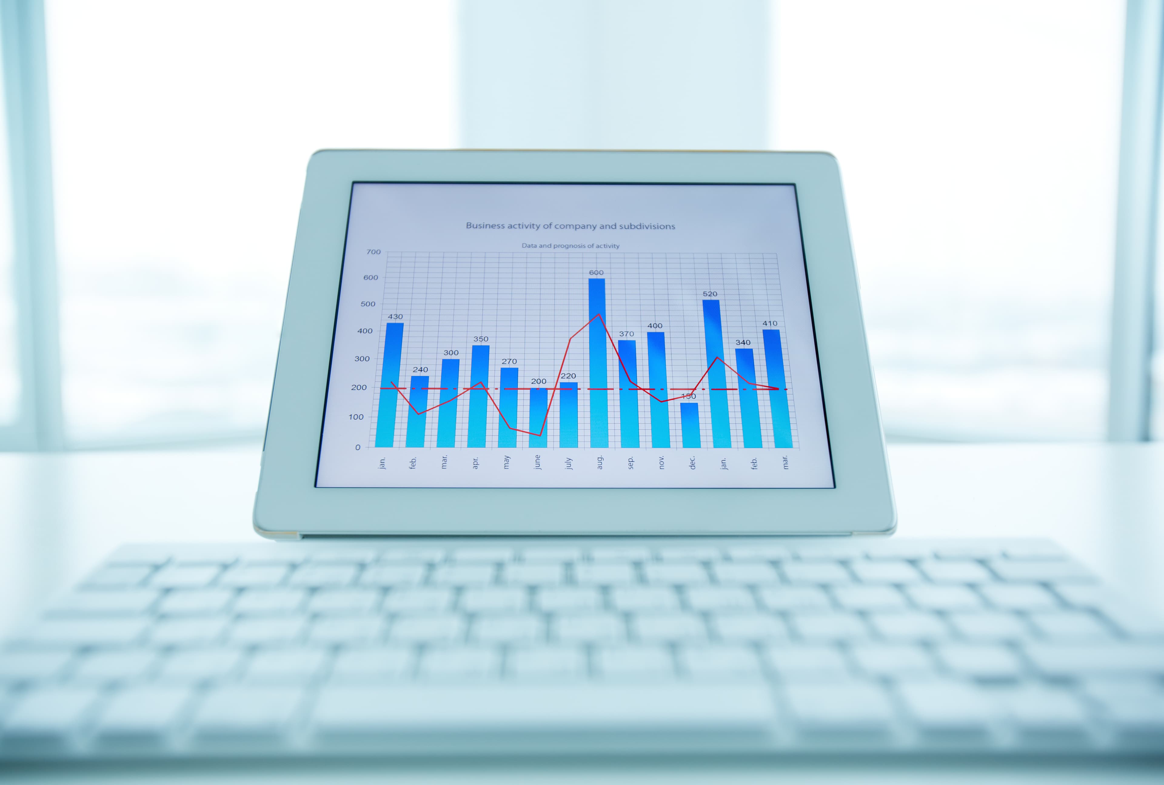 Tela de laptop exibindo gráfico moderno de barras e linhas de progresso